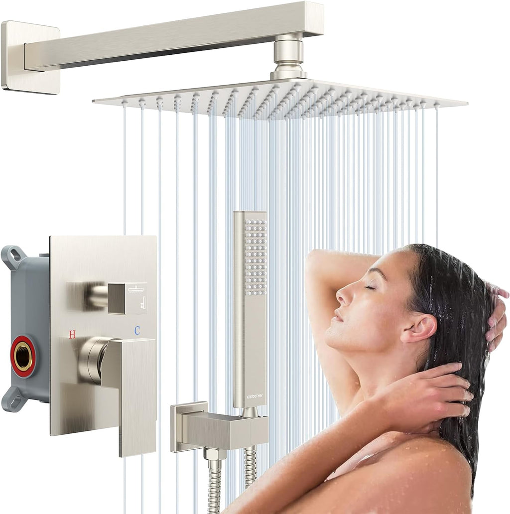 Rain Shower System Sets Faucet:  10 Inch Overhead Rainhead Shower Combo Set with Handheld and Valve-Luxury Modern Mixer Rainfall Brushed Nickel Shower Faucets Sets Complete