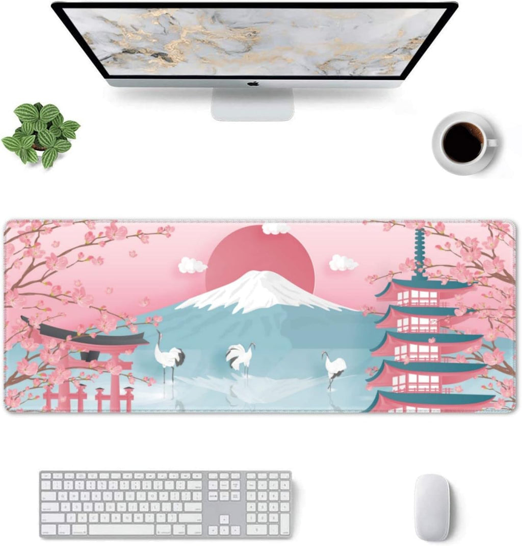 Japanese Ocean Waves Gaming Mouse Pad XL, Non Slip Rubber Base Mousepad, Stitched Edges Desk Pad, Extended Large Mice Pad,31.5 X 11.8 Inch (Japanese Cherry Blossom)