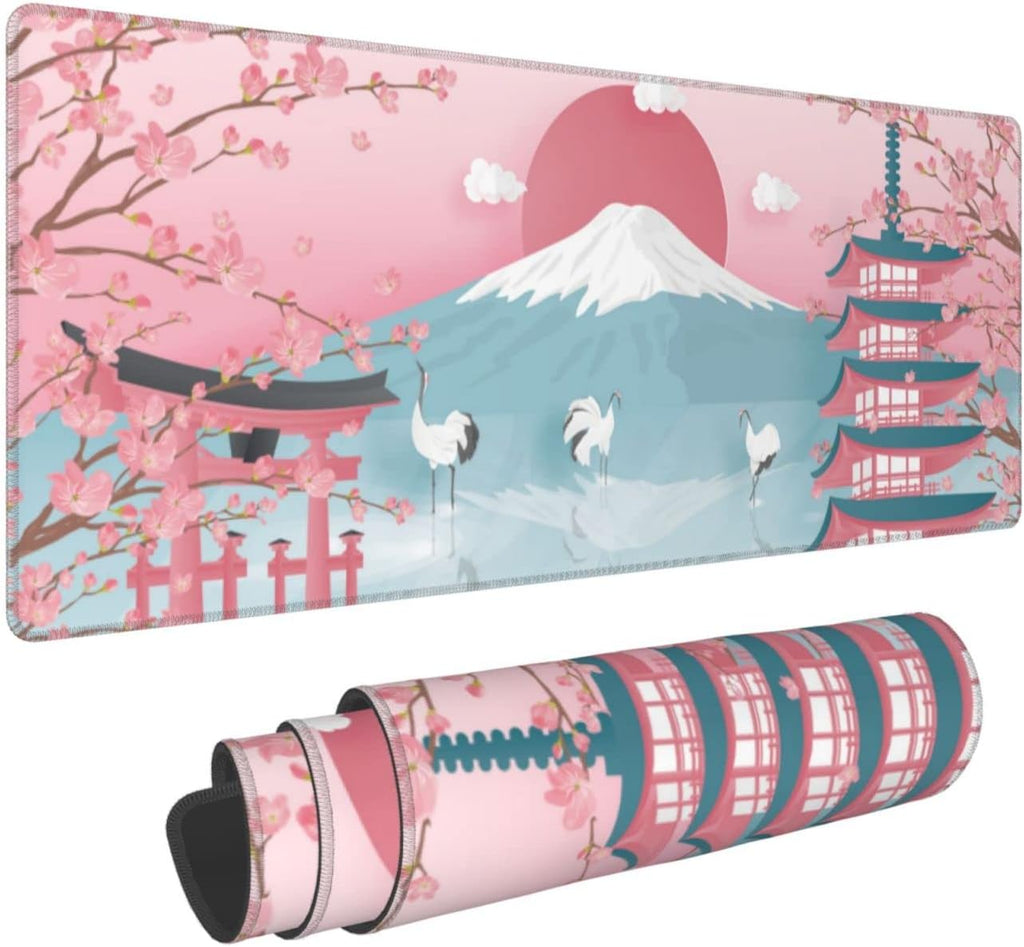 Japanese Ocean Waves Gaming Mouse Pad XL, Non Slip Rubber Base Mousepad, Stitched Edges Desk Pad, Extended Large Mice Pad,31.5 X 11.8 Inch (Japanese Cherry Blossom)