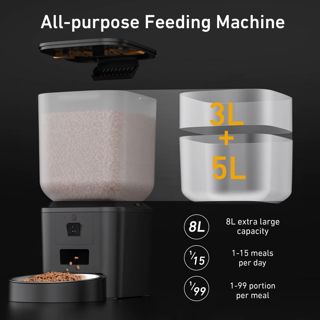 8L Automatic Cat Feeder with 1080P Camera Video 5G Wifi Cat Food Dispenser Pet Smart Voice Recorder Tuya APP Pet Auto Feeder.
