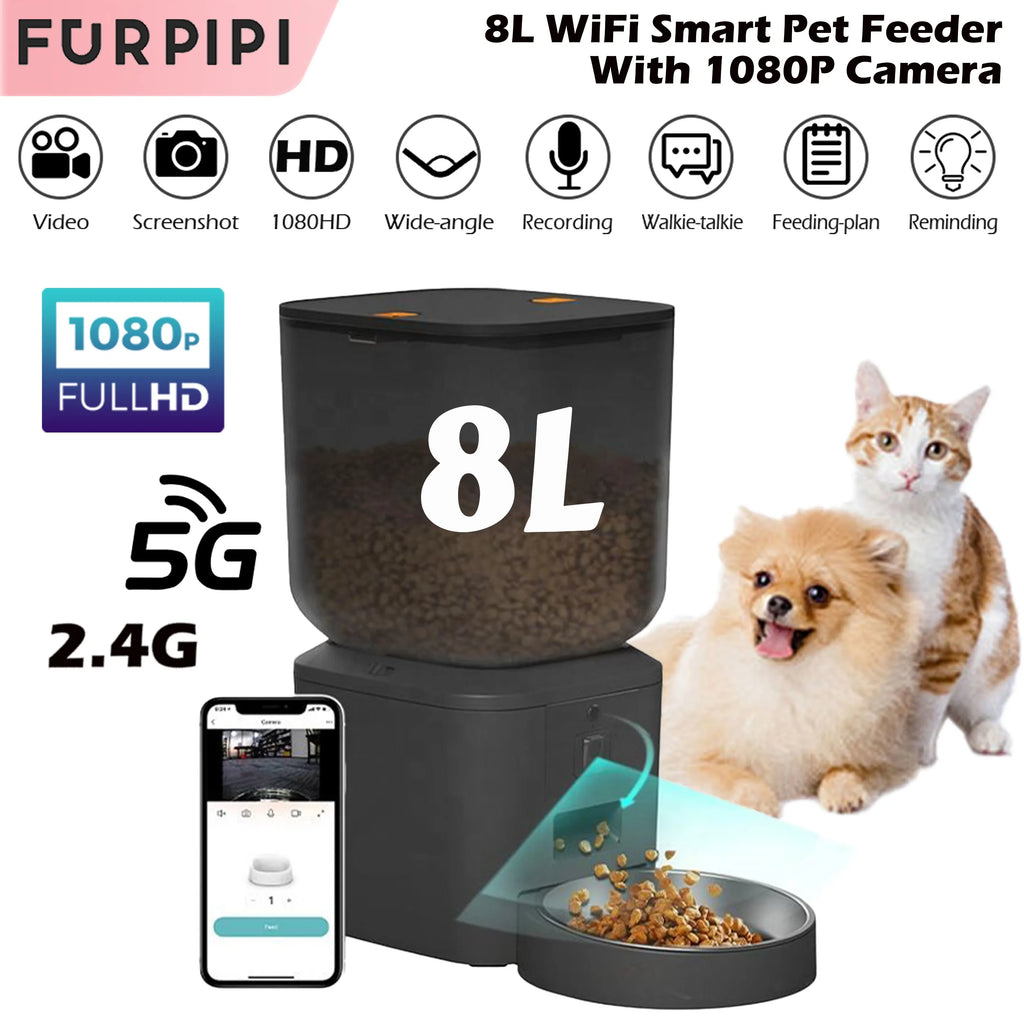 8L Automatic Cat Feeder with 1080P Camera Video 5G Wifi Cat Food Dispenser Pet Smart Voice Recorder Tuya APP Pet Auto Feeder.