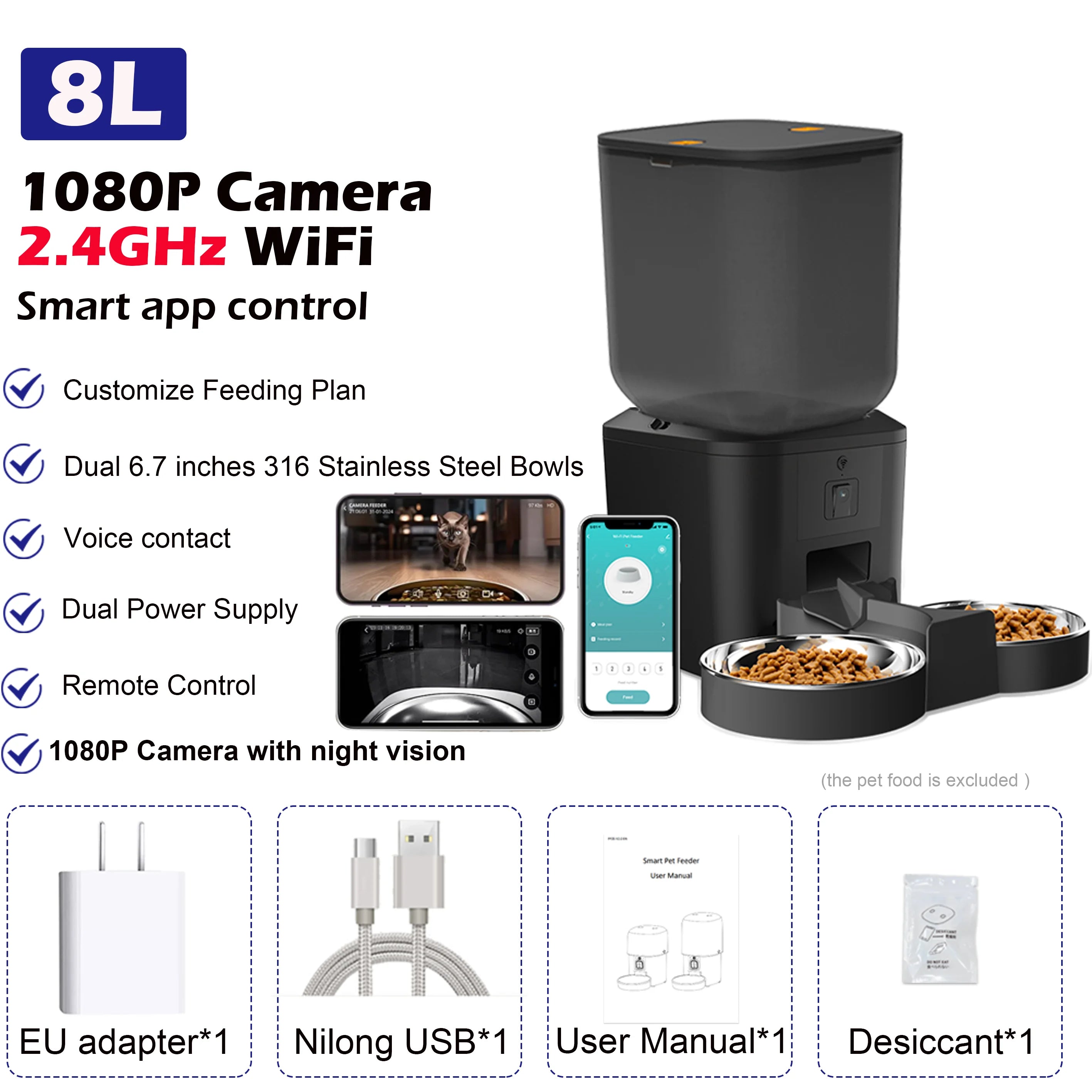 8L Automatic Cat Feeder with 1080P Camera Video 5G Wifi Cat Food Dispenser Pet Smart Voice Recorder Tuya APP Pet Auto Feeder.