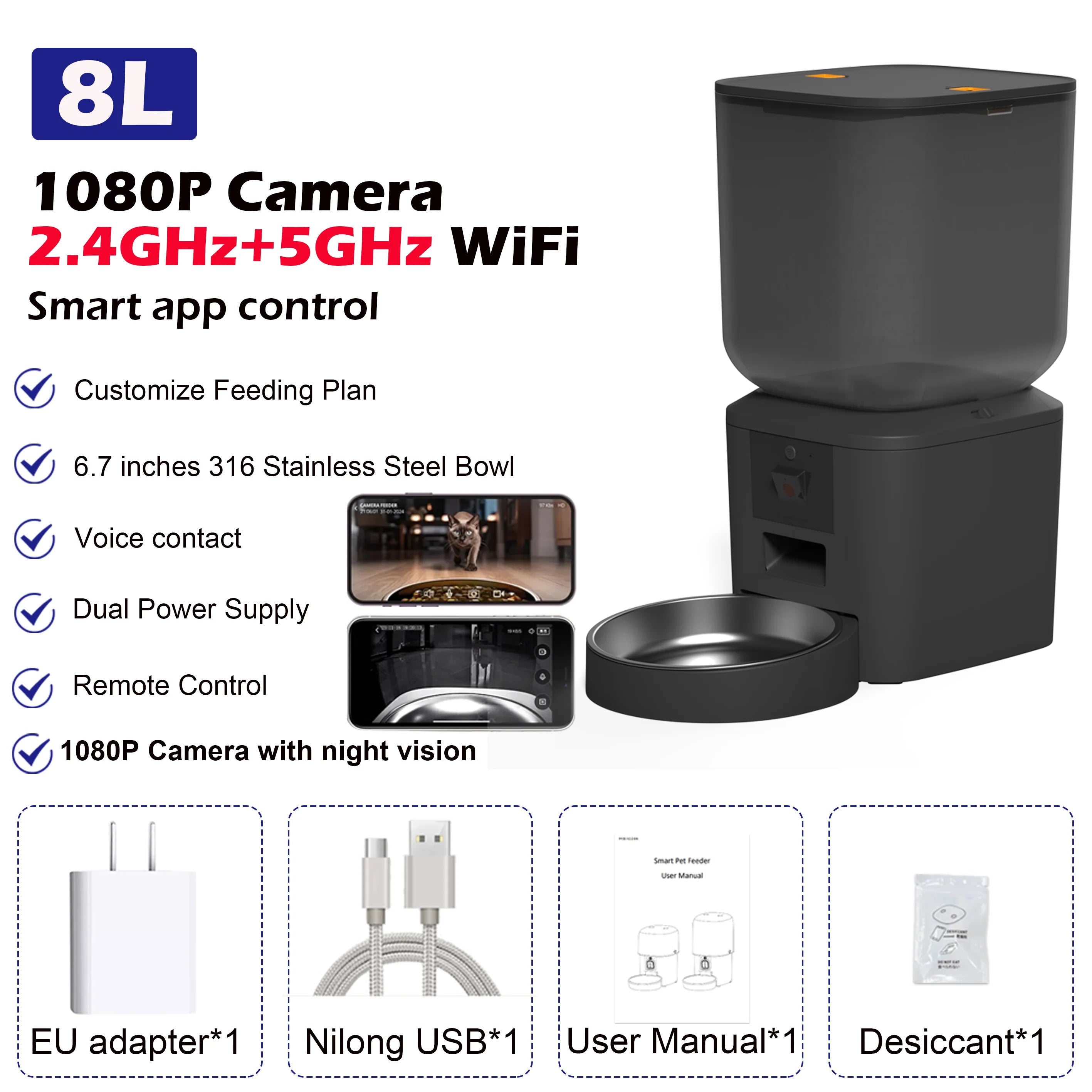8L Automatic Cat Feeder with 1080P Camera Video 5G Wifi Cat Food Dispenser Pet Smart Voice Recorder Tuya APP Pet Auto Feeder.
