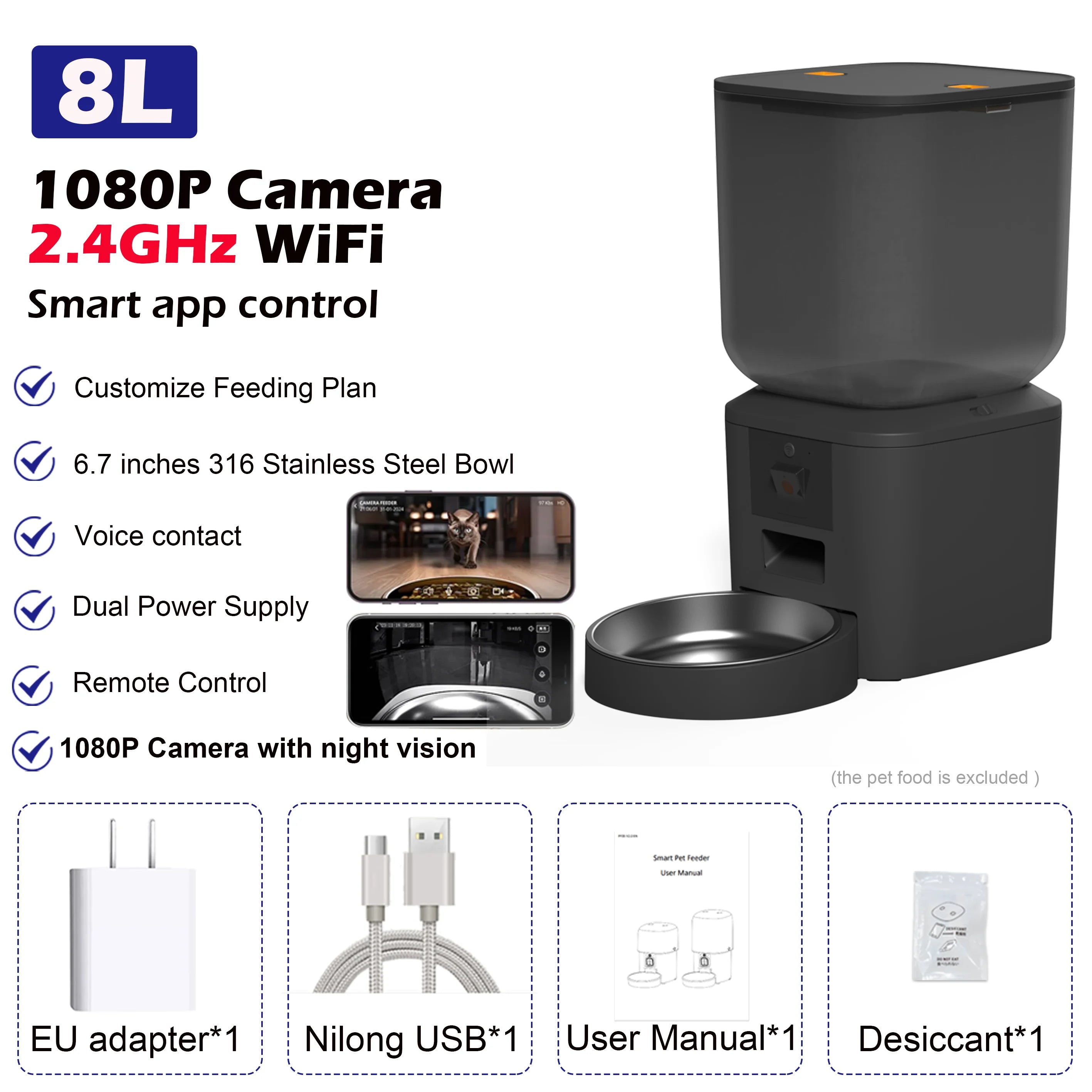 8L Automatic Cat Feeder with 1080P Camera Video 5G Wifi Cat Food Dispenser Pet Smart Voice Recorder Tuya APP Pet Auto Feeder.