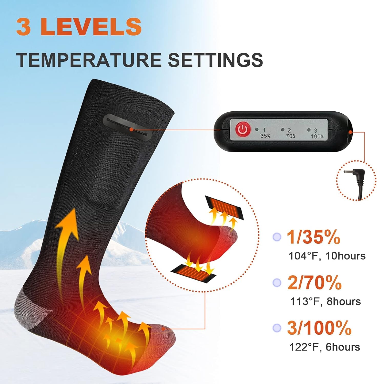 Heated Socks,Electric Heated Socks,4000Mah Foot Warmer Heated Socks,3 Level Settings Heated Socks,Rechargeable Heating Cotton Socks,Foot Warm Socks